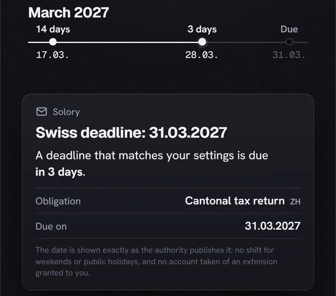 Illustration: a notice for the cantonal tax return deadline, three days before the due date.