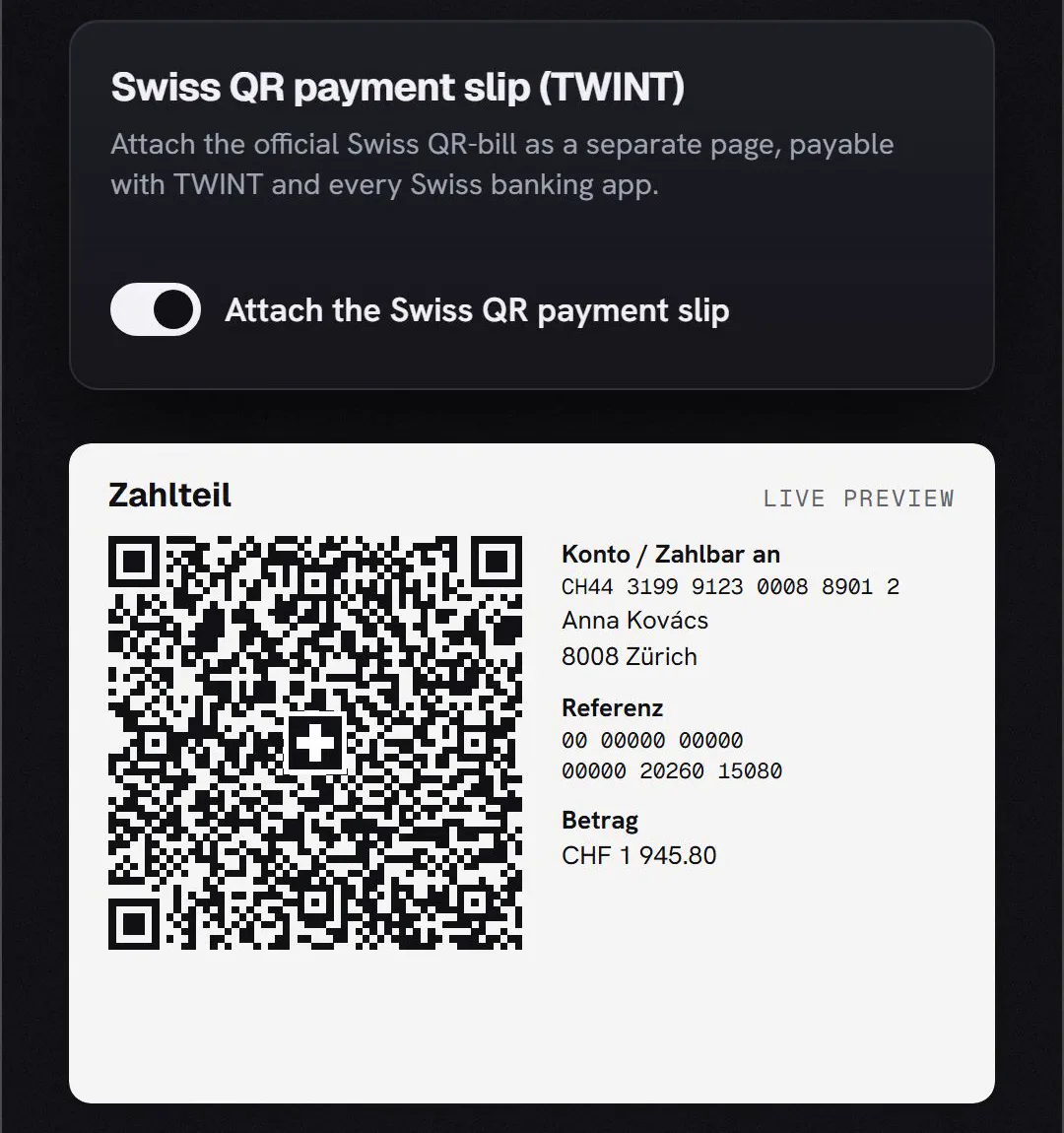 Illustration: the switch that attaches the Swiss QR payment slip, with a preview of the payment part.