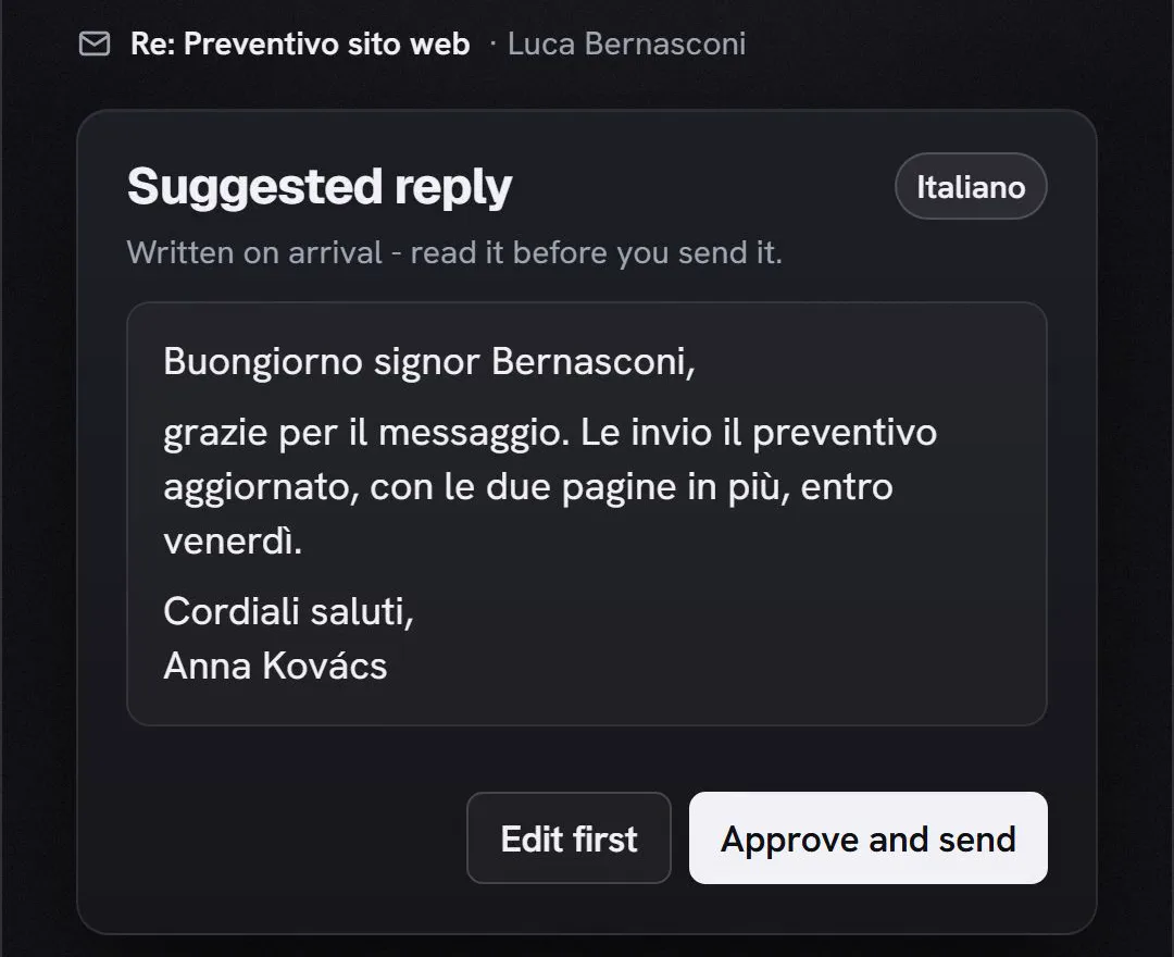 Illustration: a suggested reply in Italian that is sent only after approval.